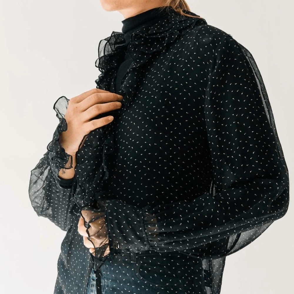 Ralph Lauren Blue Label Silk Ruffle Print Button Down Blouse Sheer Long Sleeve